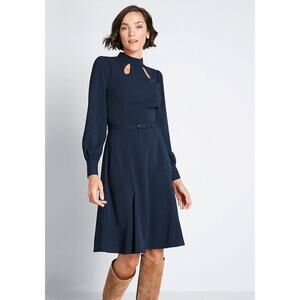 Modcloth Dress Women's Size 8 Enjoy Every Moment Navy Blue Keyhole Midi Belted